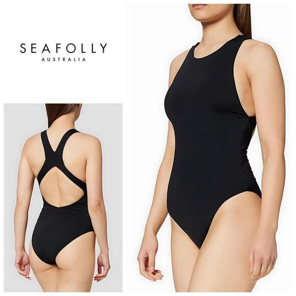 New. Seafolly high neck black one piece. Size 6. Retails $148 - Picture 1 of 11